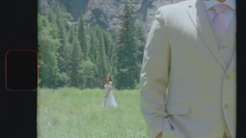 Super 8mm wedding film — bride walking through a Yosemite meadow toward the groom